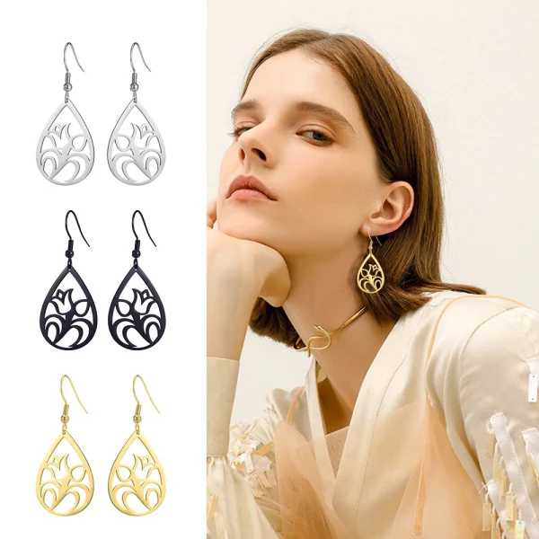 Vintage Hollow Women‘s Flower Earrings Jewelry Stainless… –… – Image 3