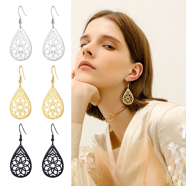 Vintage Hollow Women‘s Flower Earrings Jewelry Stainless… –… – Image 26