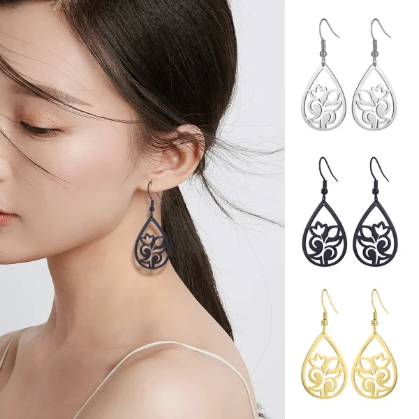 Vintage Hollow Women‘s Flower Earrings Jewelry Stainless… –… – Image 27