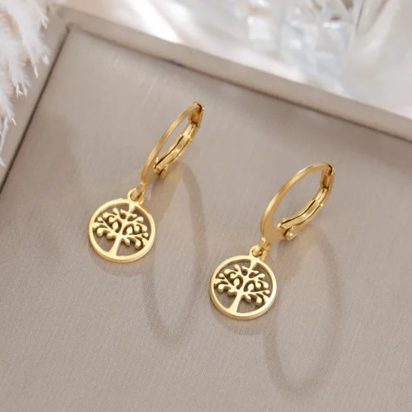 Tree of Life Round Drop Earrings Stainless Steel Hoop… – Ailes… – Image 2