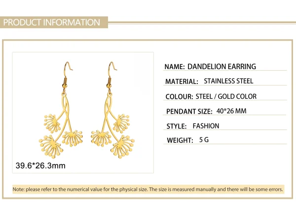 femmes pissenlit boucles d'oreilles couleur or en acier… –… – Image 14