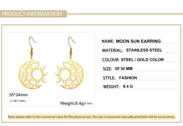 Boucles d'Oreilles Pendantes Croissant Lune Soleil pour… –… – Image 12