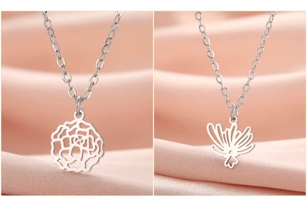 Collier pendentif fleurs pour femme, acier inoxydable,… – Ailes… – Image 38