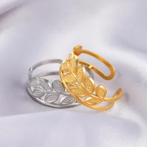 bague ouverte en forme de branche d'olivier en acier… – Chant…