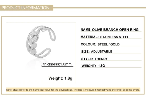 bague ouverte en forme de branche d'olivier en acier… – Chant… – Image 14