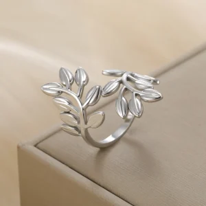 Leaves Open Ring Women Stainless Steel Adjustable Finger… –…