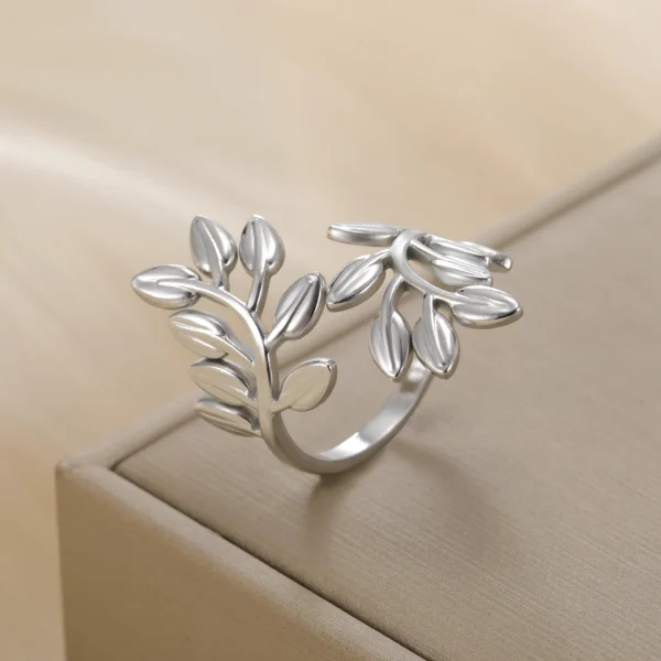 Leaves Open Ring Women Stainless Steel Adjustable Finger… –…