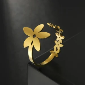 Women Korea Flower Ring Stainless Steel Gold Color Boho… – Rune…