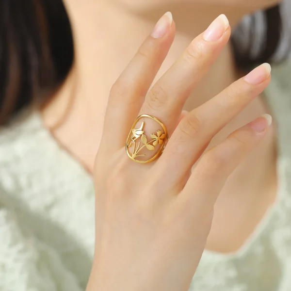Bague Oiseau Fleur pour Femme, Acier Inoxydable Or,… – Lueur… – Image 3