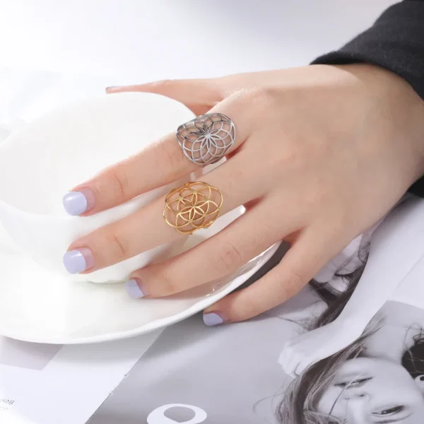 Bague Géométrique Sacrée Fleur de Vie pour Femme, Acier… –… – Image 6