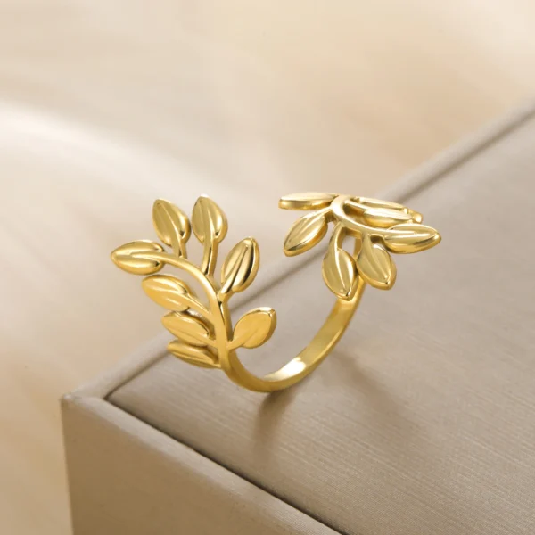 Leaves Open Ring Women Stainless Steel Adjustable Finger… –… – Image 2