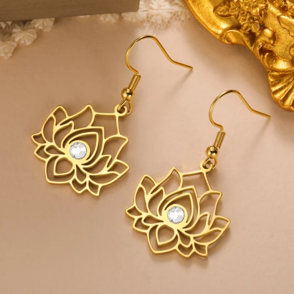 fleur de Lotus clair Zircon boucles d'oreilles en acier… –… – Image 12