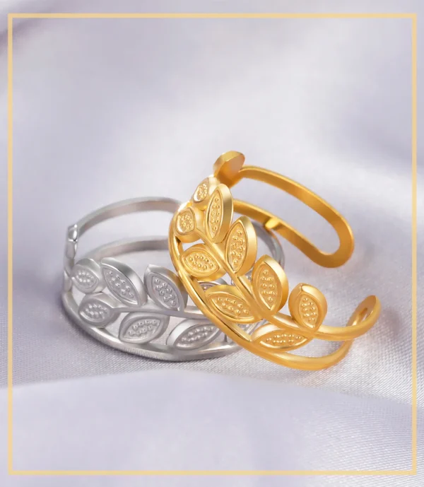 bague ouverte en forme de branche d'olivier en acier… – Chant… – Image 13