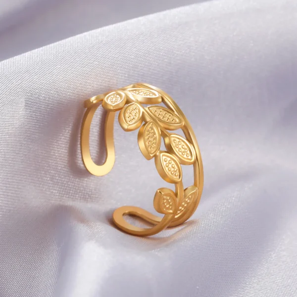 bague ouverte en forme de branche d'olivier en acier… – Chant… – Image 3