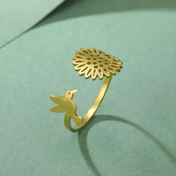 Hummingbird Sunflower Open Rings for Women Stainless Steel Gold… – Image 14