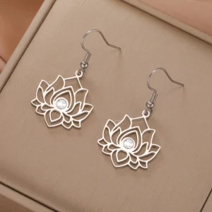 fleur de Lotus clair Zircon boucles d'oreilles en acier… –…