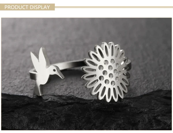 Hummingbird Sunflower Open Rings for Women Stainless Steel Gold… – Image 13