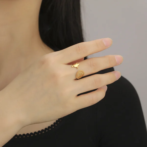Hummingbird Sunflower Open Rings for Women Stainless Steel Gold… – Image 16
