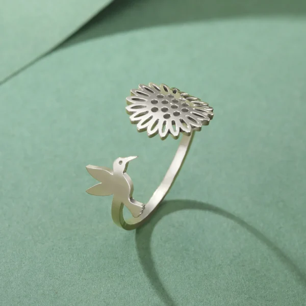 Hummingbird Sunflower Open Rings for Women Stainless Steel Gold… – Image 15