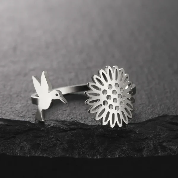 Hummingbird Sunflower Open Rings for Women Stainless Steel Gold… – Image 2