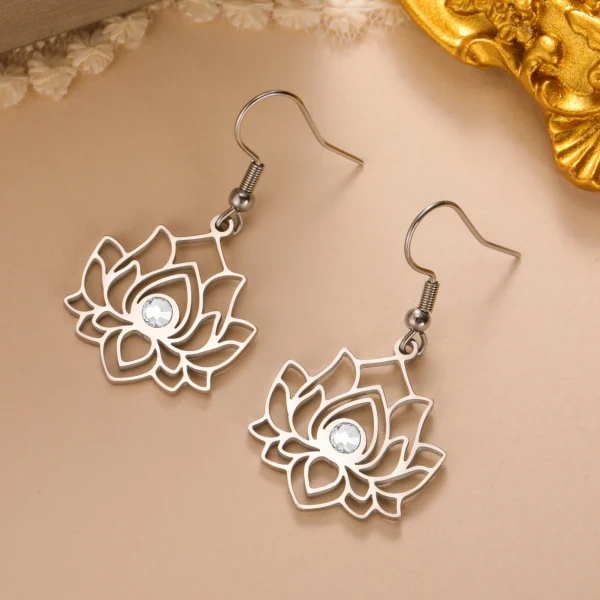 fleur de Lotus clair Zircon boucles d'oreilles en acier… –… – Image 13
