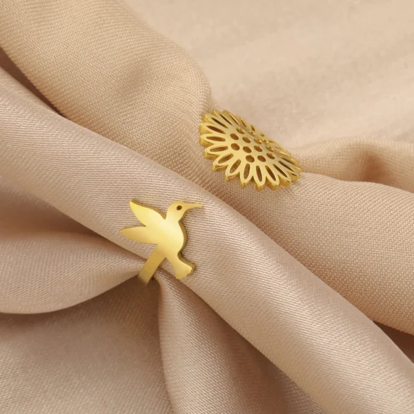 Hummingbird Sunflower Open Rings for Women Stainless Steel Gold… – Image 3
