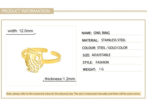 bague de hibou découpée en acier inoxydable, anneau… – Éclat… – Image 12
