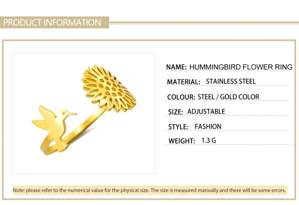 Hummingbird Sunflower Open Rings for Women Stainless Steel Gold… – Image 12