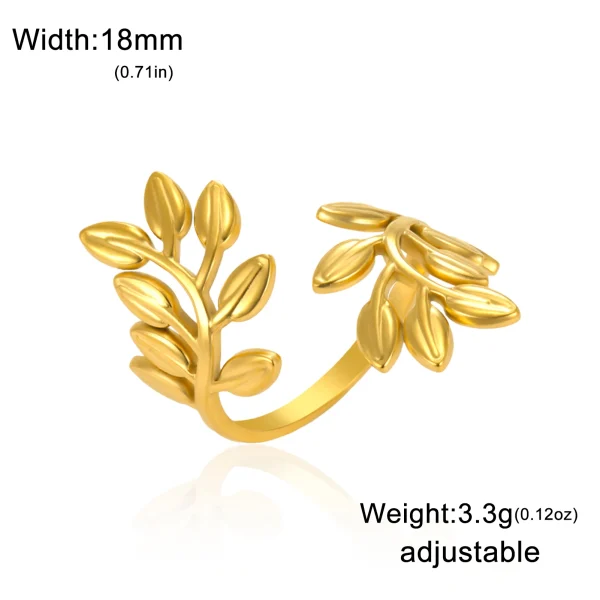Leaves Open Ring Women Stainless Steel Adjustable Finger… –… – Image 6