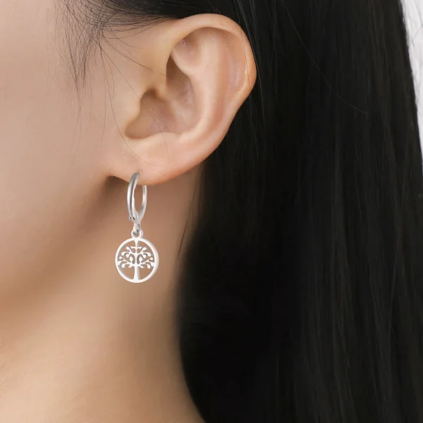 Tree of Life Round Drop Earrings Stainless Steel Hoop… – Ailes… – Image 3