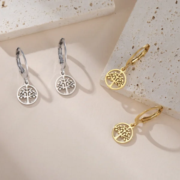 Tree of Life Round Drop Earrings Stainless Steel Hoop… – Ailes… – Image 5
