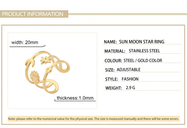 Boho soleil lune étoile femmes bague en acier inoxydable… –… – Image 18
