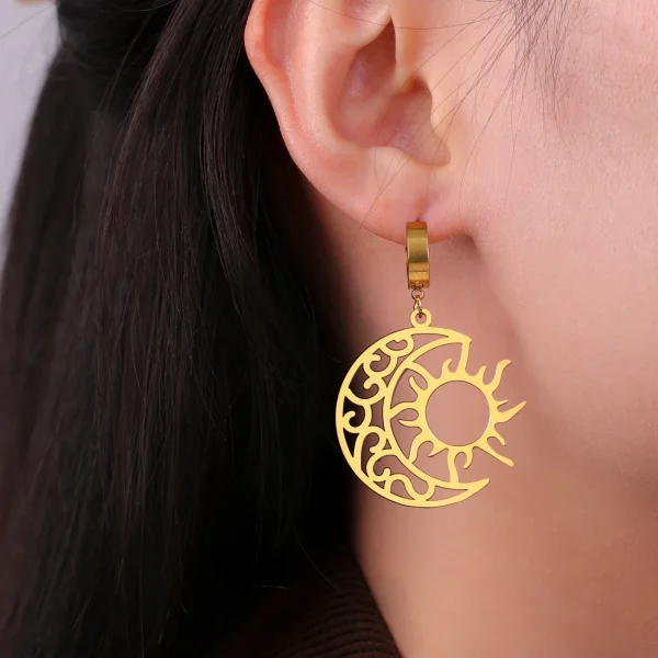 Boucles d'Oreilles Pendantes Croissant Lune Soleil pour… –… – Image 6