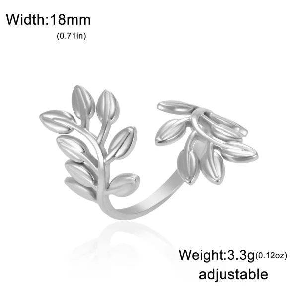 Leaves Open Ring Women Stainless Steel Adjustable Finger… –… – Image 7