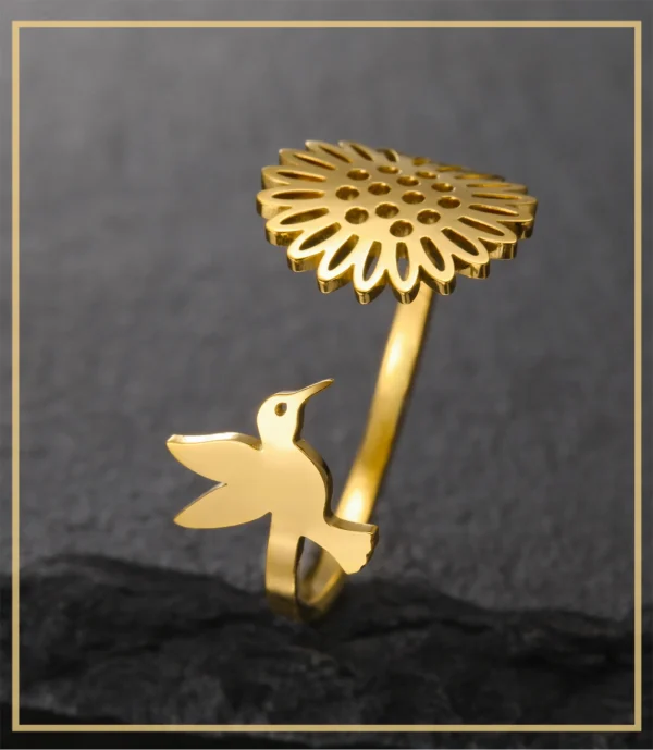 Hummingbird Sunflower Open Rings for Women Stainless Steel Gold… – Image 11