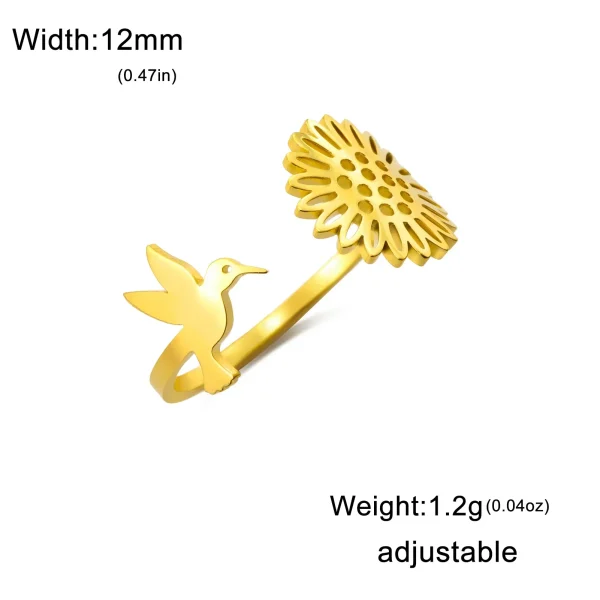 Hummingbird Sunflower Open Rings for Women Stainless Steel Gold… – Image 8