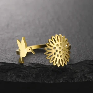 Hummingbird Sunflower Open Rings for Women Stainless Steel Gold…