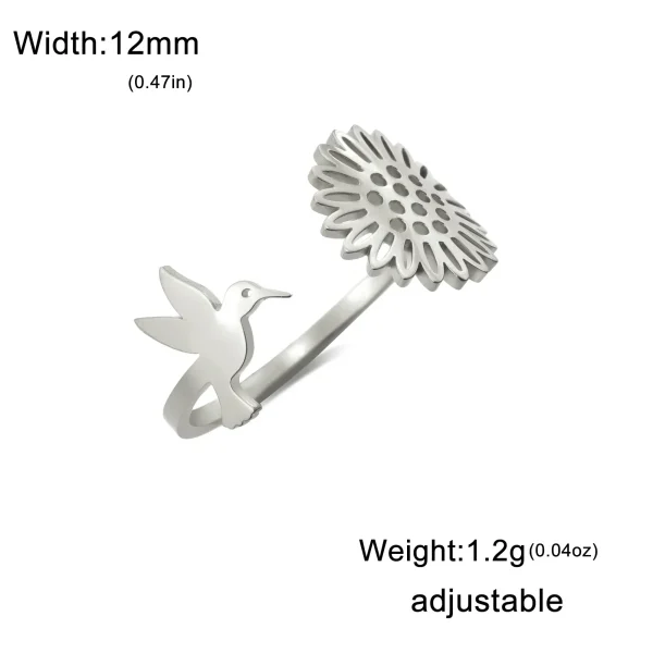 Hummingbird Sunflower Open Rings for Women Stainless Steel Gold… – Image 7