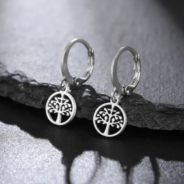 Tree of Life Round Drop Earrings Stainless Steel Hoop… – Ailes… – Image 9