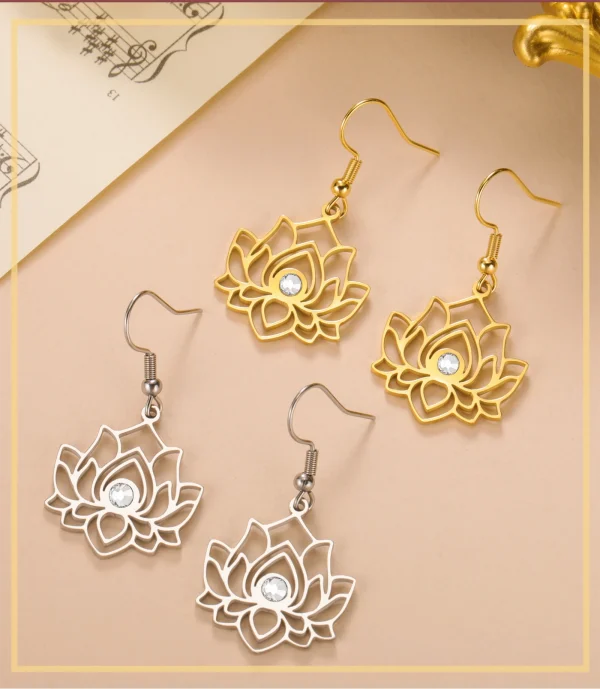 fleur de Lotus clair Zircon boucles d'oreilles en acier… –… – Image 9