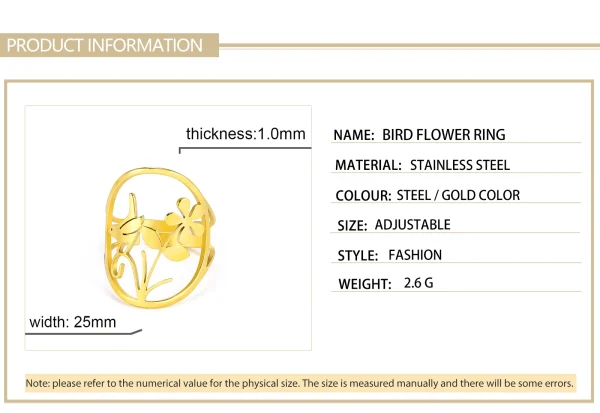 Bague Oiseau Fleur pour Femme, Acier Inoxydable Or,… – Lueur… – Image 12