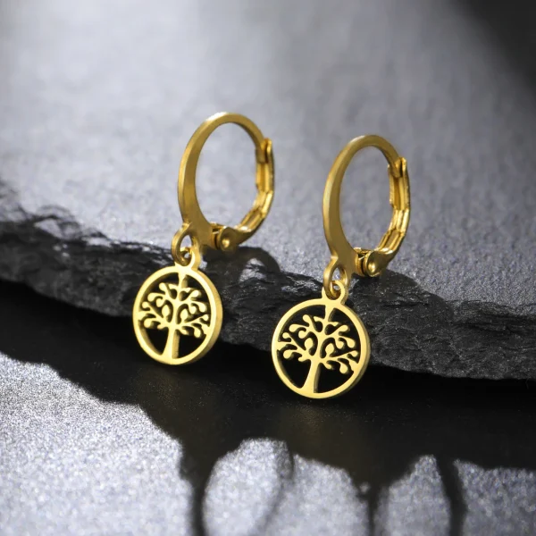 Tree of Life Round Drop Earrings Stainless Steel Hoop… – Ailes… – Image 8