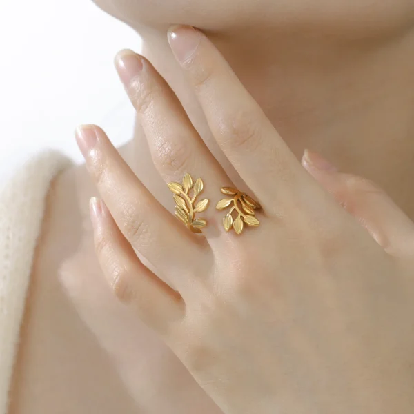 Leaves Open Ring Women Stainless Steel Adjustable Finger… –… – Image 13