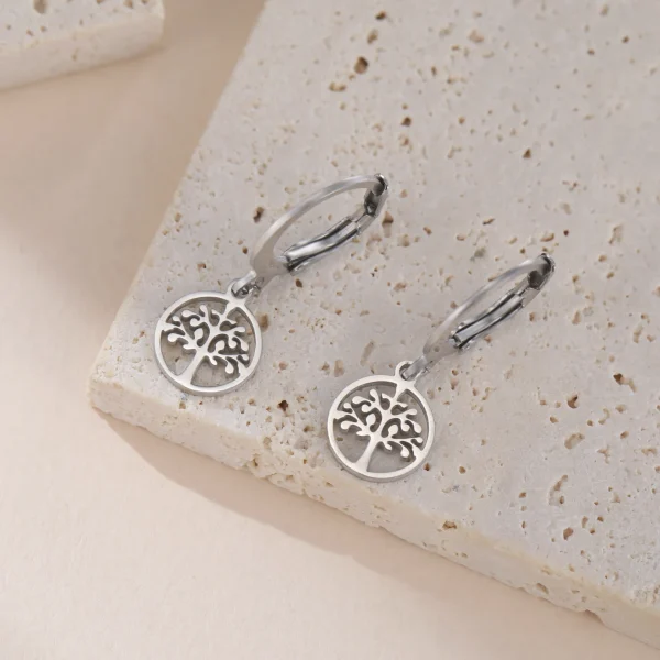 Tree of Life Round Drop Earrings Stainless Steel Hoop… – Ailes… – Image 11